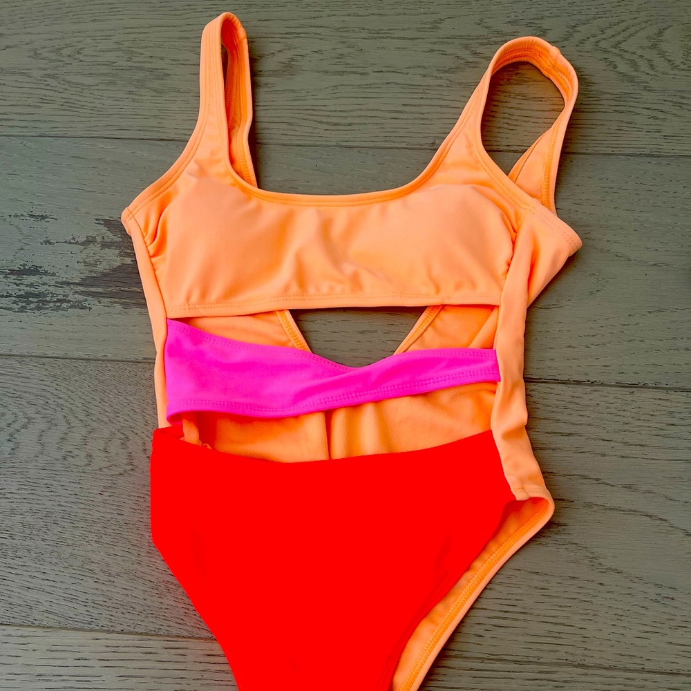 Xhilaration Swim 1pc Neon Pink and Orange Cutout